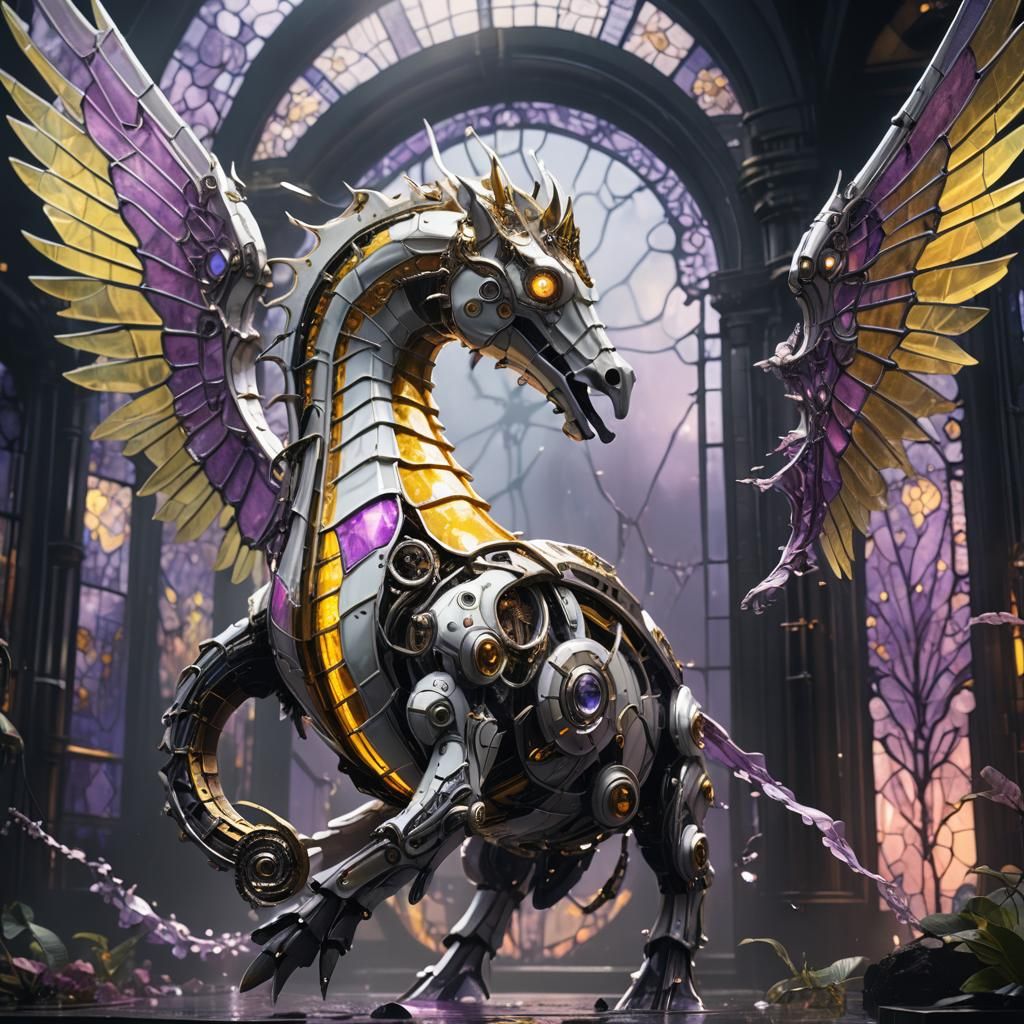 Biomechanical Seahorse Serpent with Stained Glass Wings