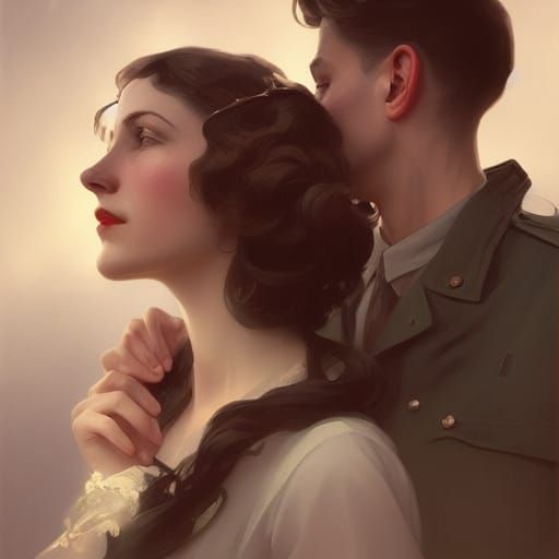Couple's Love During World War II, Art Nouveau Portrait