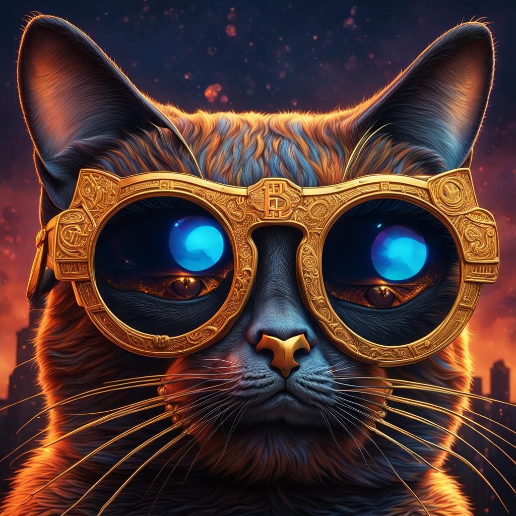 Cat with Bitcoin Sunglasses: Detailed Matte Painting