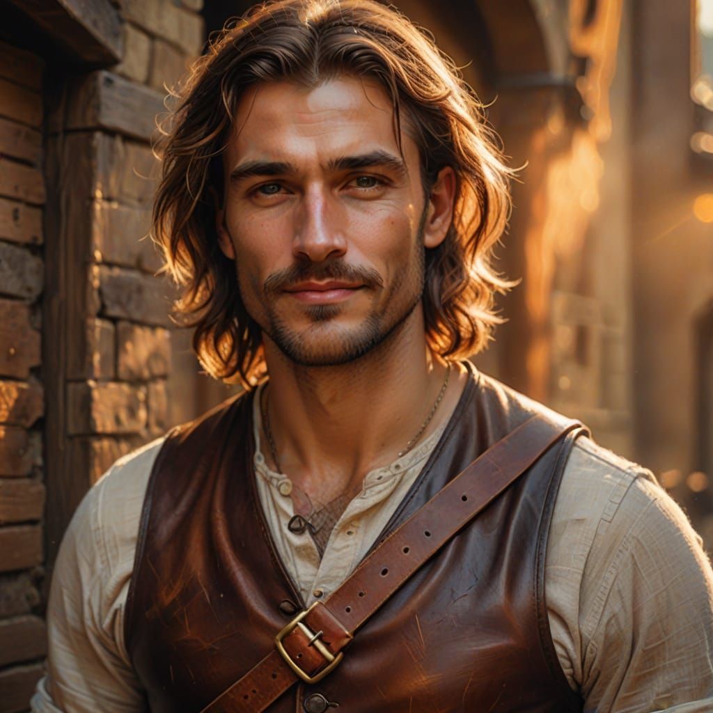 A medieval man muscular, holding a leather belt, shirtless w...