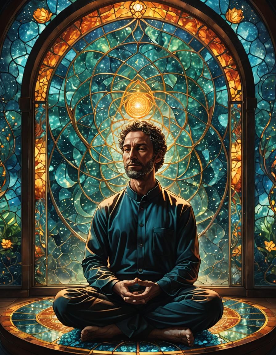Meditating Man in Tiffany Glass Helix Room