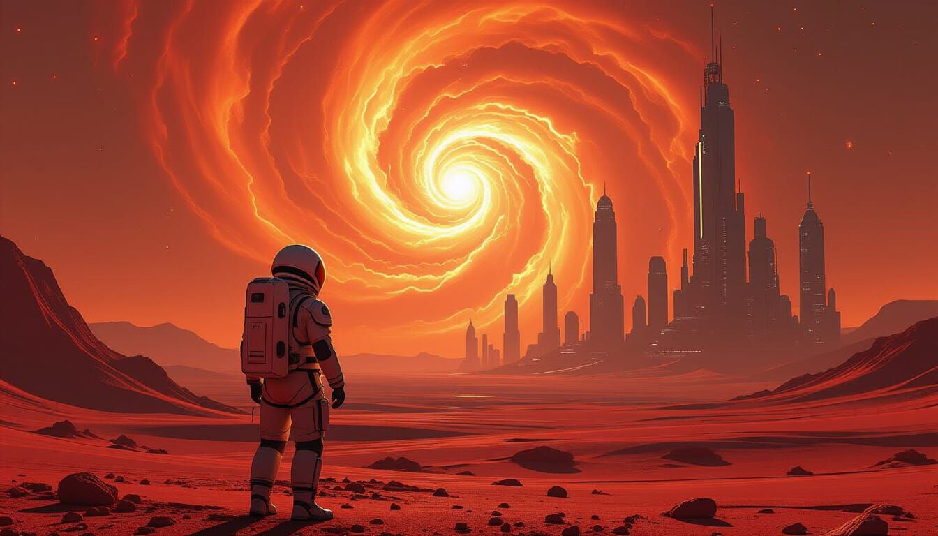 Astronaut on Alien Planet Gazing at Nebula