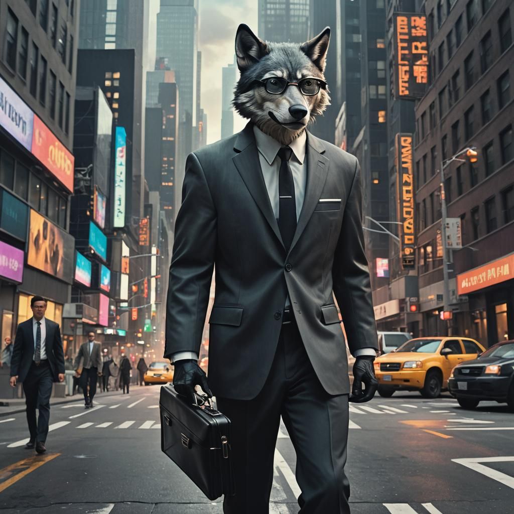 Wolf Businessman in New York: Digital Matte Painting