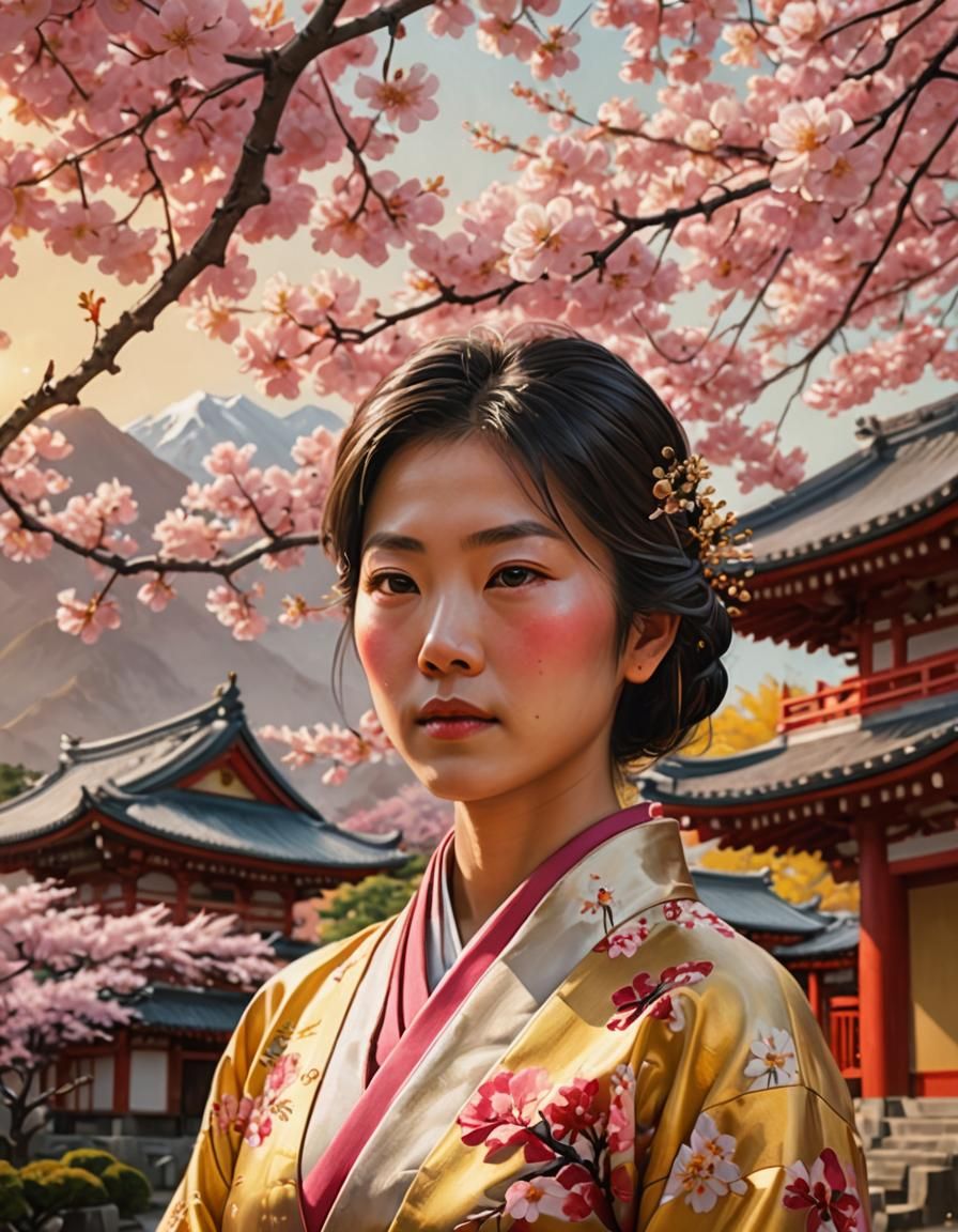 Japanese Woman in Traditional Wear Near Blossom Tree
