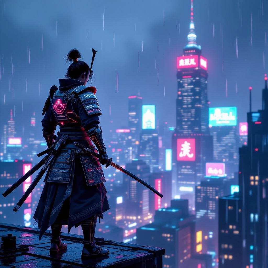 Cyberpunk Samurai on Neon Skyscraper, Gritty Aesthetic