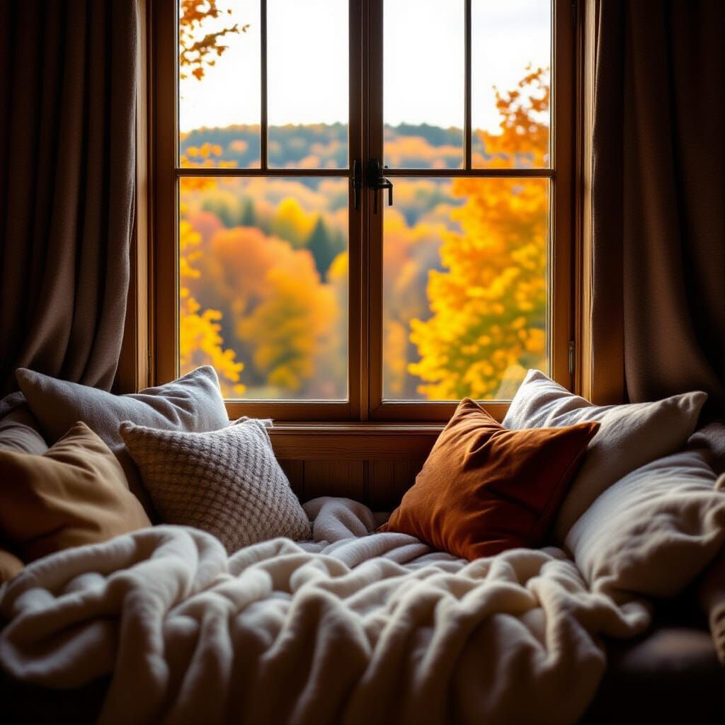 Ethereal Autumn Reading Nook in Wes Anderson Style