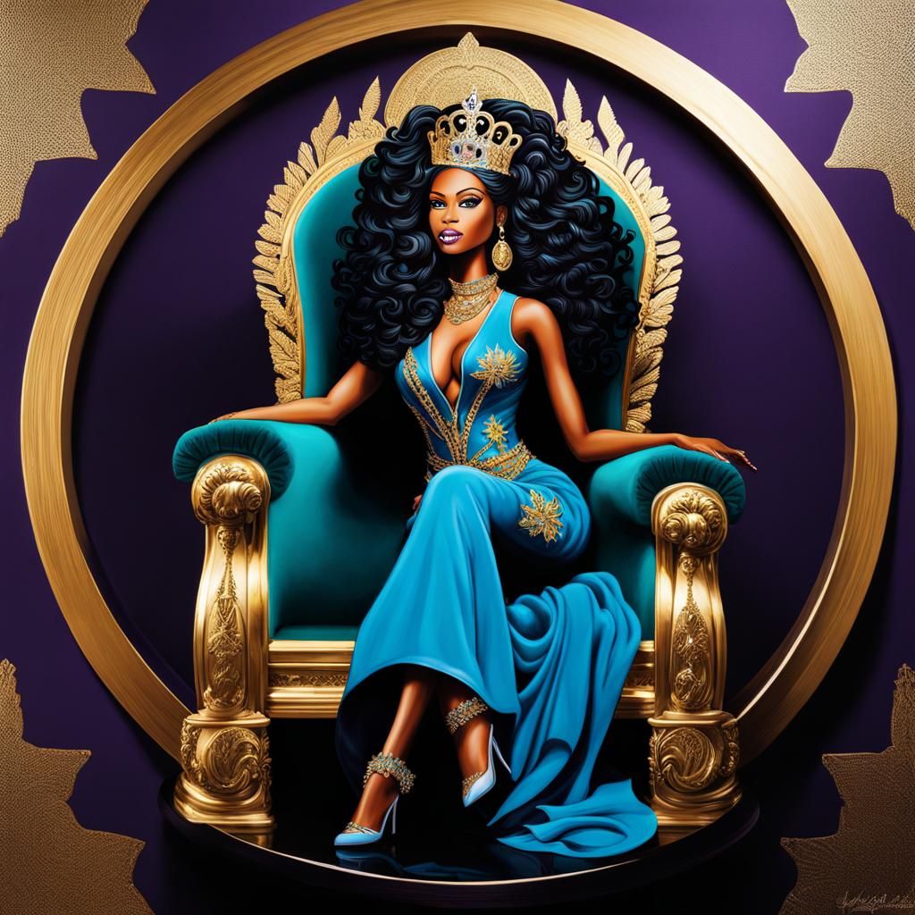 Queen on Throne with Herbs in Logo Style