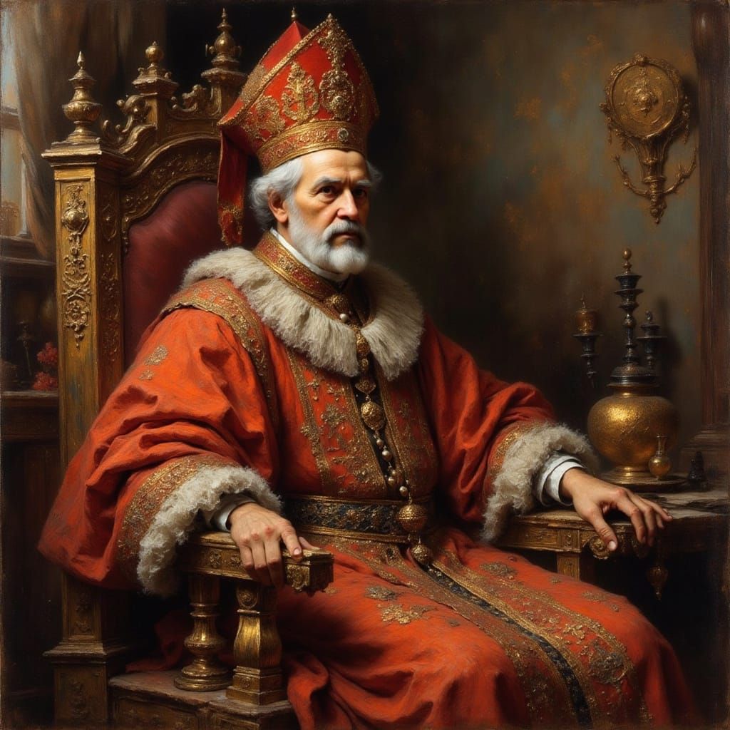 Cardinal in Ornate Chair, Rembrandt-Style Oil Painting
