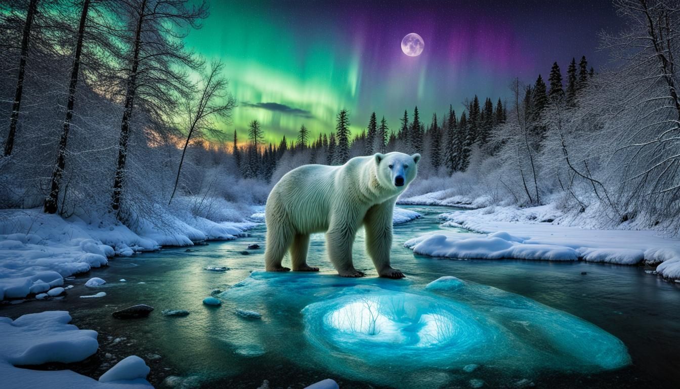 A Crystalized Arctic Moonset Mighty Polar Bear in a magical misty opalescent riverscape