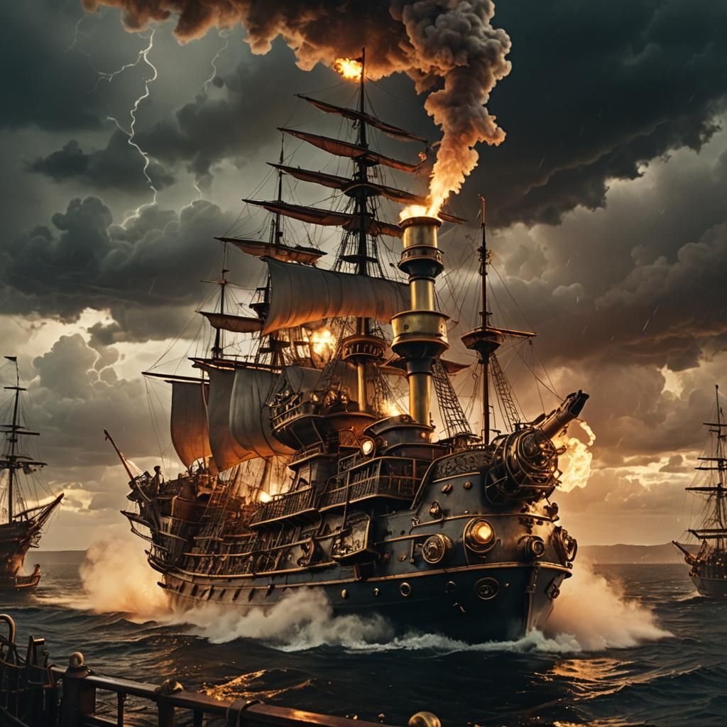 Steampunk Pirate Ship at Night