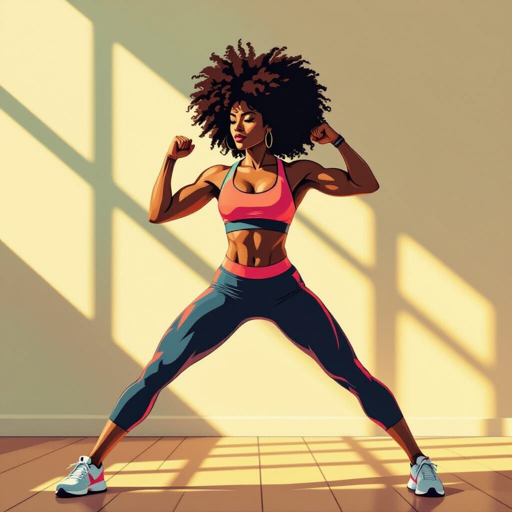 Art Deco Fitness: Black Woman Exercising with Afro