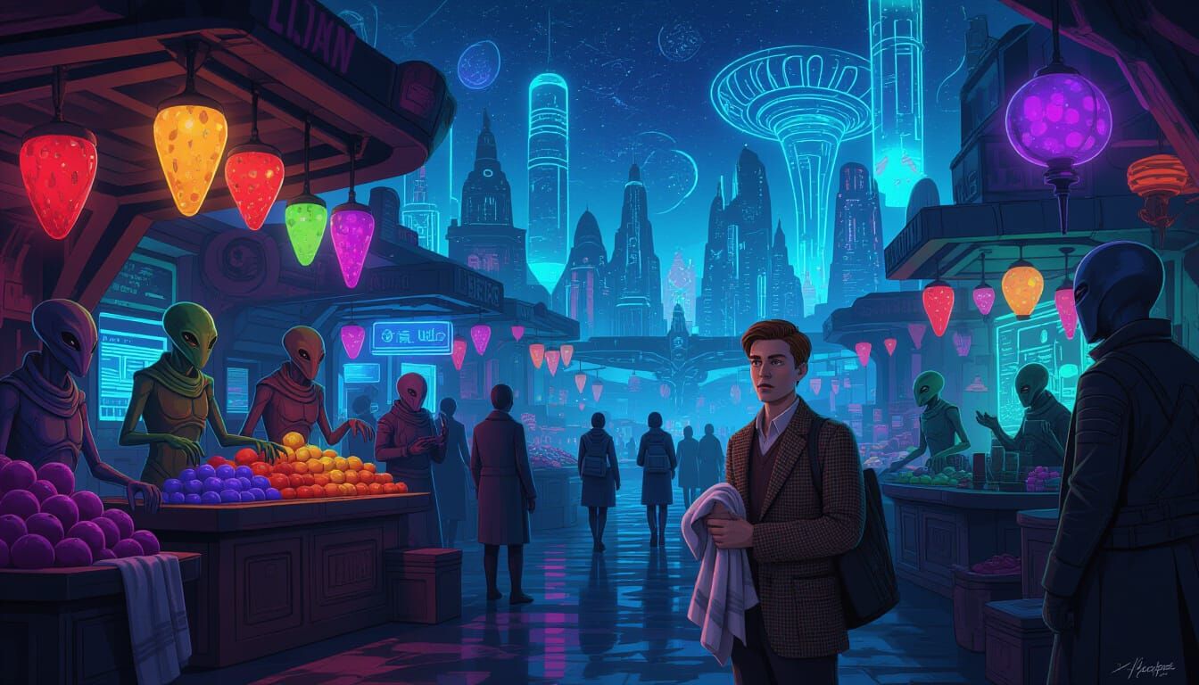 Alien Marketplace on Bioluminescent Planet