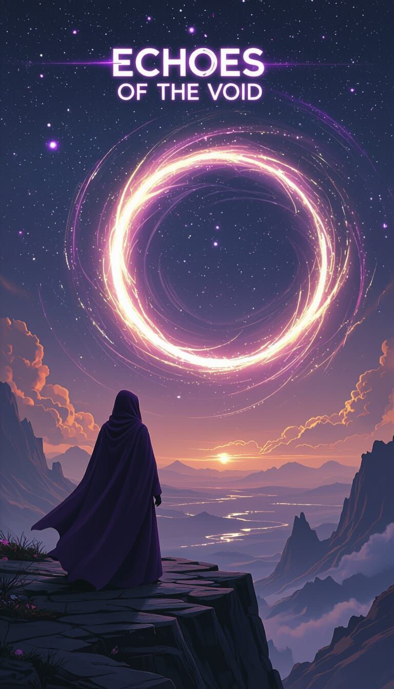 Hooded Figure Gazing at Cosmic Portal in Sci-Fi Landscape