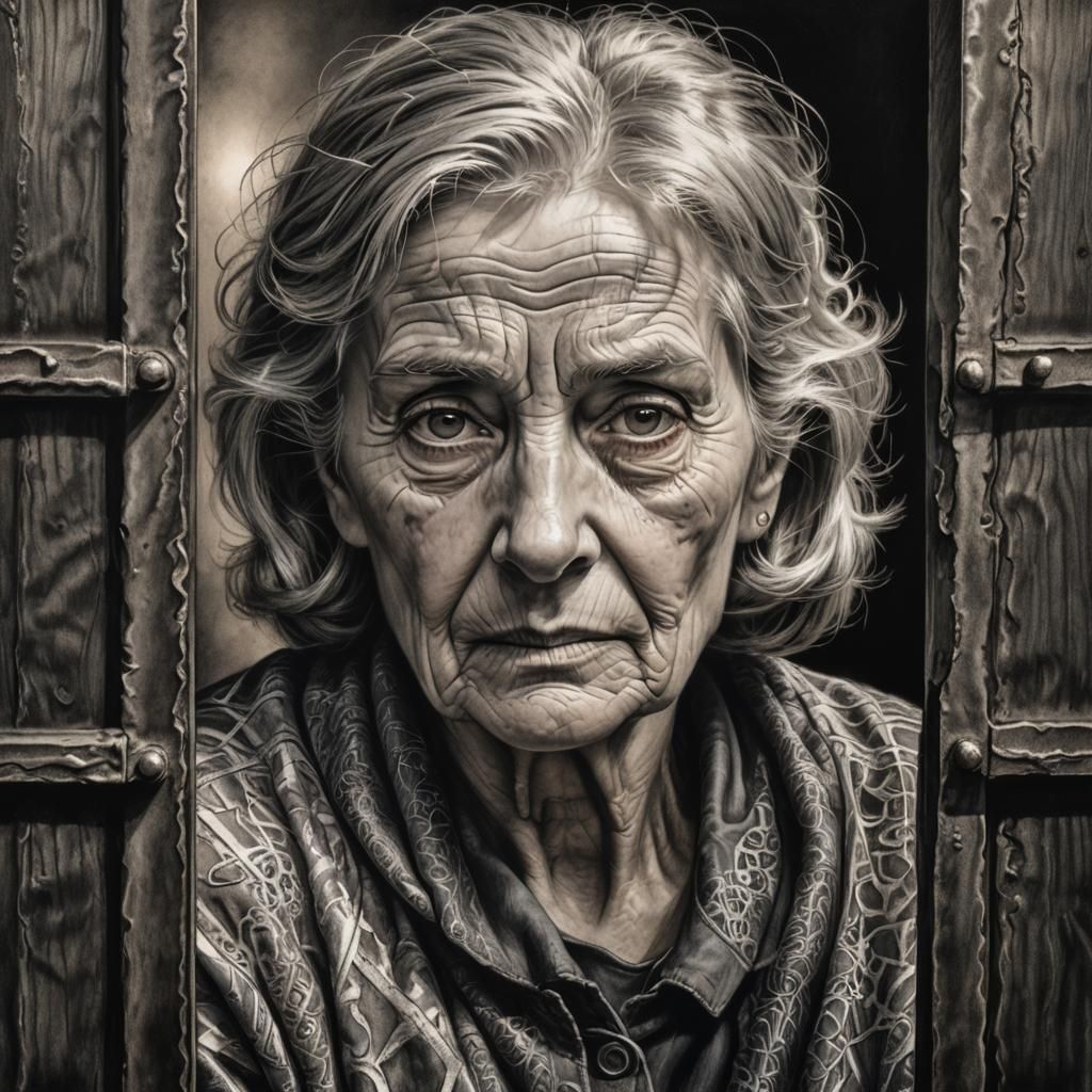 Detailed Charcoal Portrait of Older Woman Behind Gate