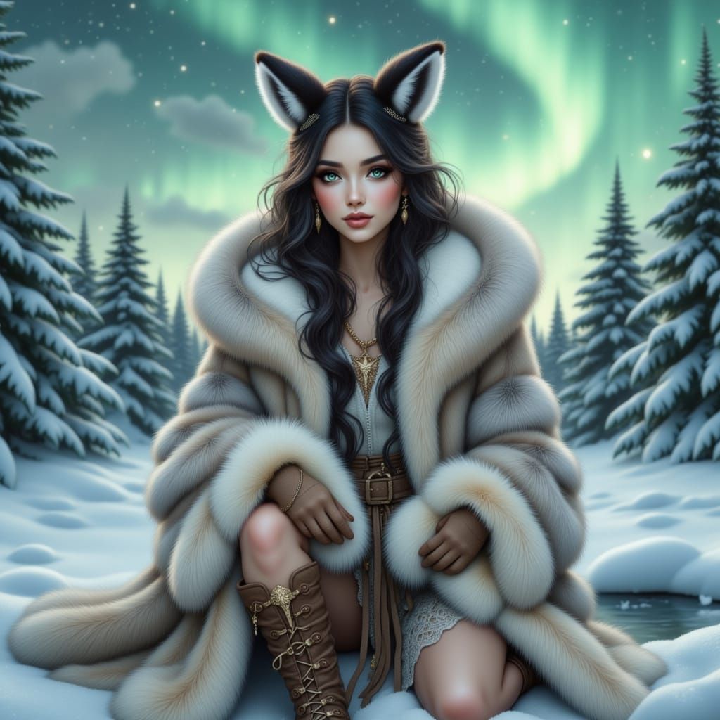 Siberian Princess in Arctic Tundra with Aurora Borealis