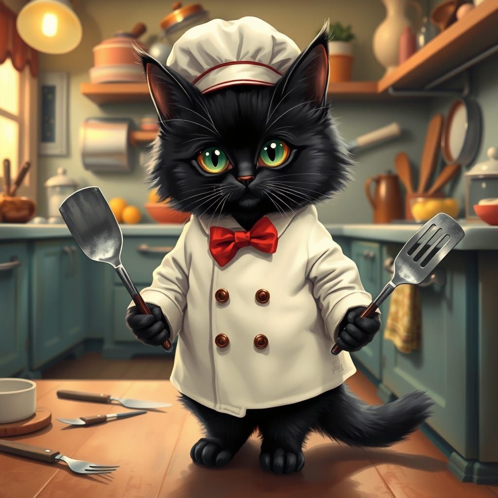 Chef Cat in Cozy Kitchen, Whimsical Art Style