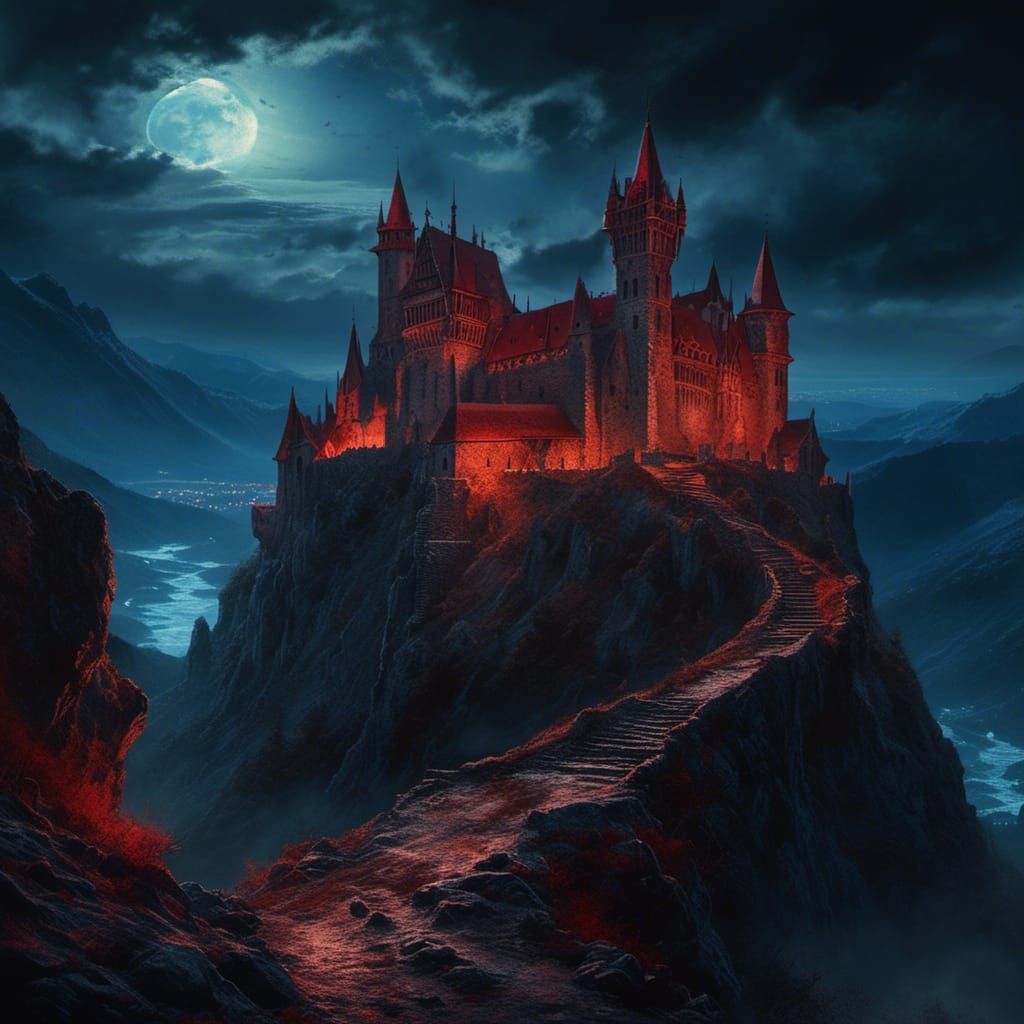Ruined Dracula Castle at Night in Detailed Painting