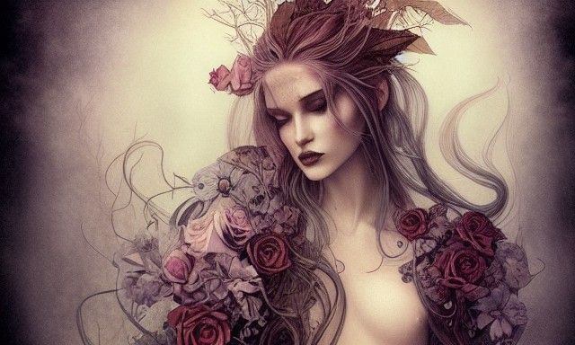 Androgynous Tattooed Figure with Roses, Digital Art