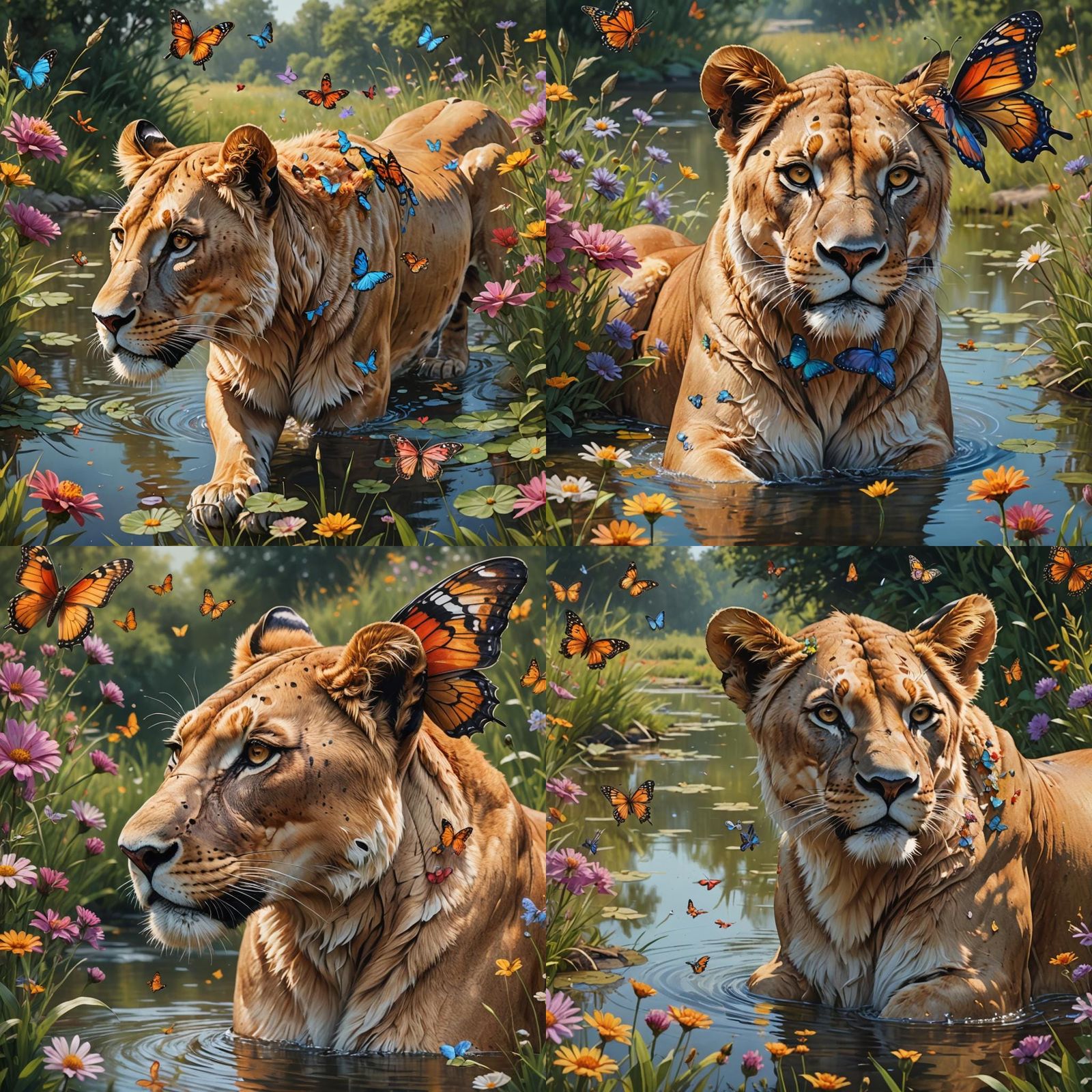 Lioness with Butterfly Wings in Floral Meadow