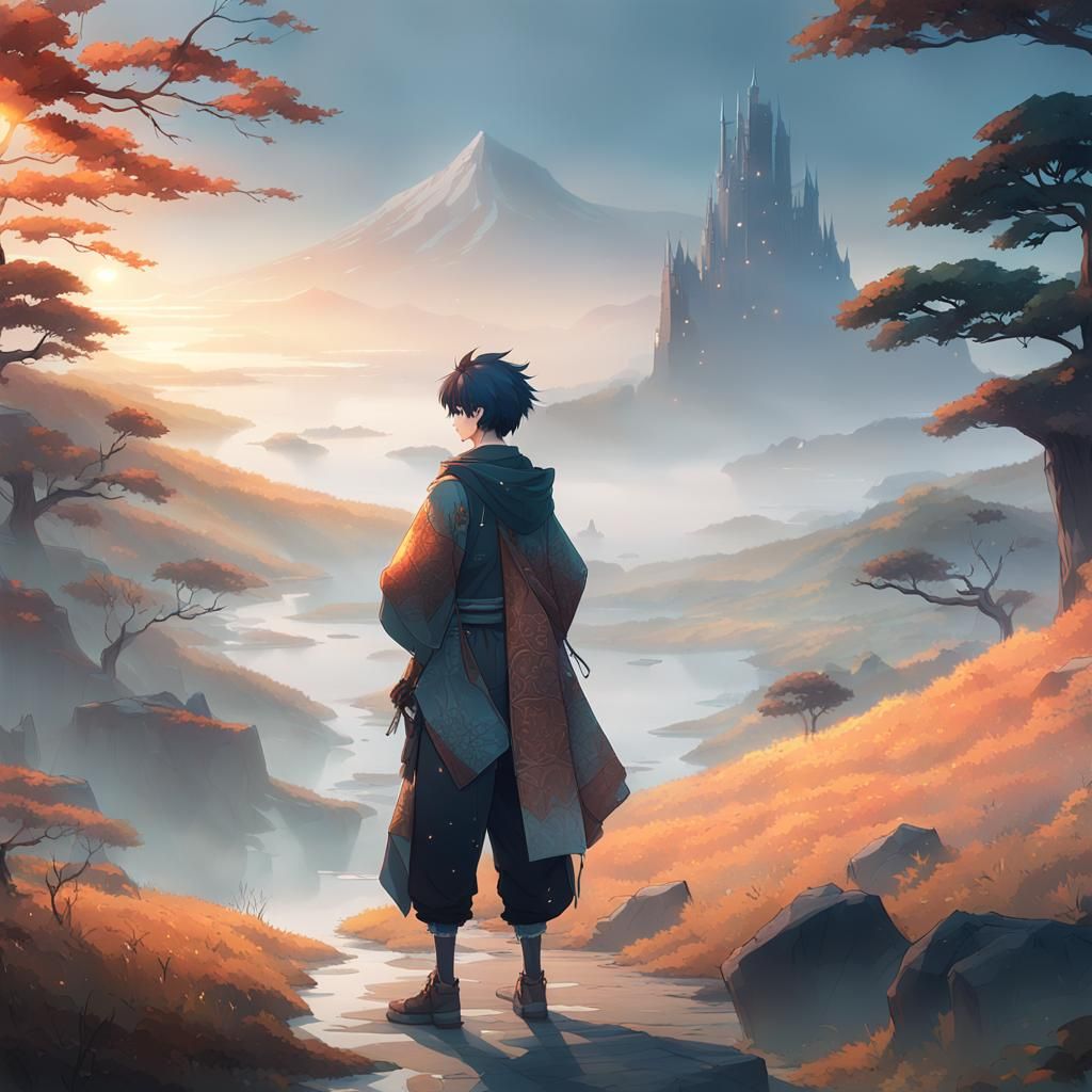 Anime Boy in Misty Landscape: 3D Rendered Art