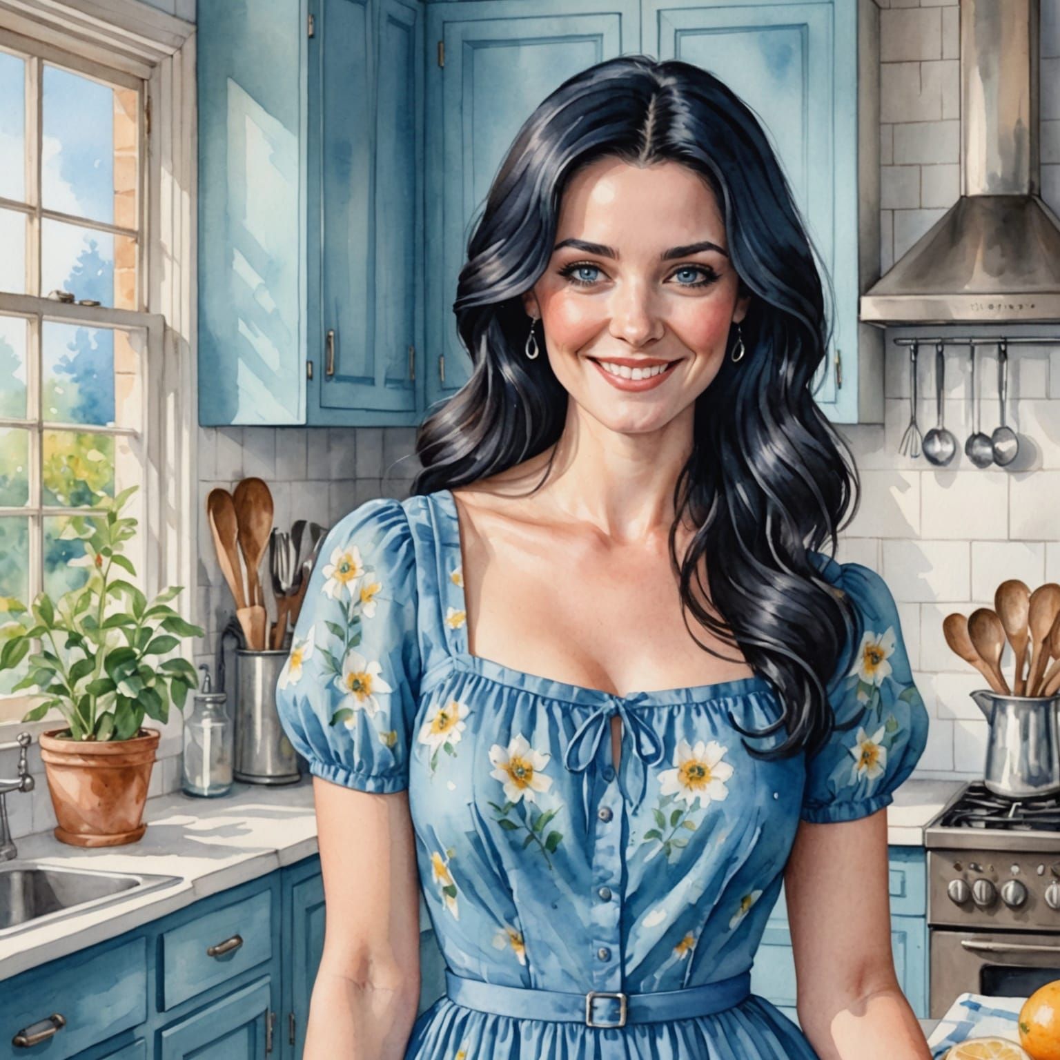 Watercolor Portrait of Smiling Woman in Blue Dress