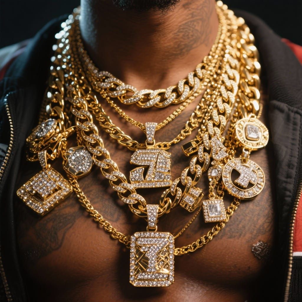 Rapper's Chest Adorned with Gold Jewelry