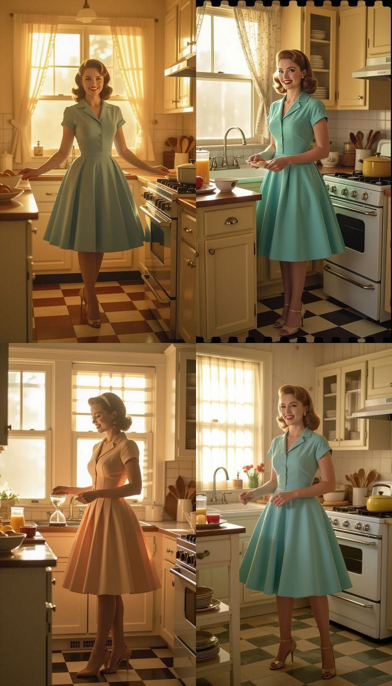 1950s Tradwife in Kitchen at Sunrise, Hyperrealistic Style