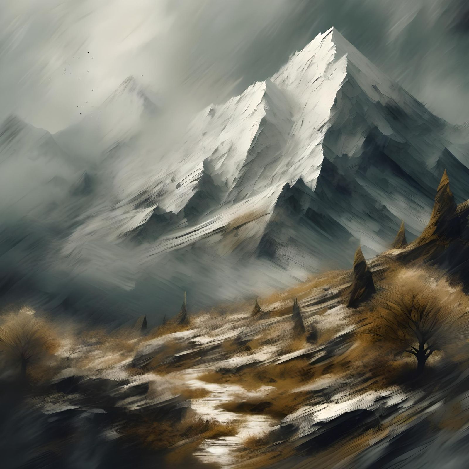 Tree-Covered Mountain in Impasto Pentimento Style