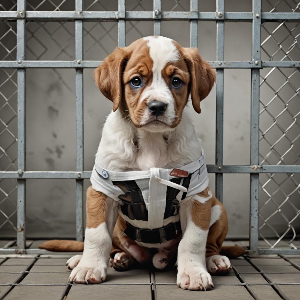 Muscular Puppy Portrait in a Dog Cage