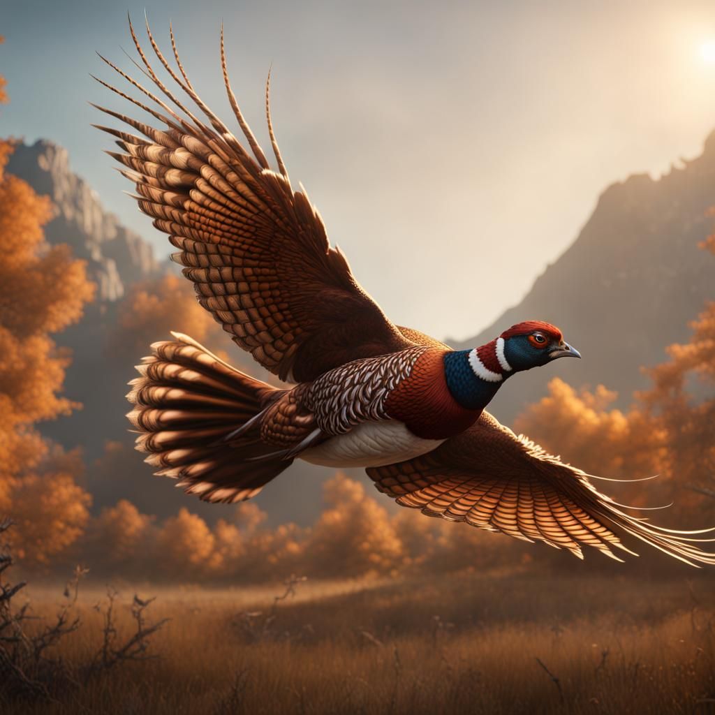 Ring-Necked Pheasant in Flight: Detailed Matte Painting