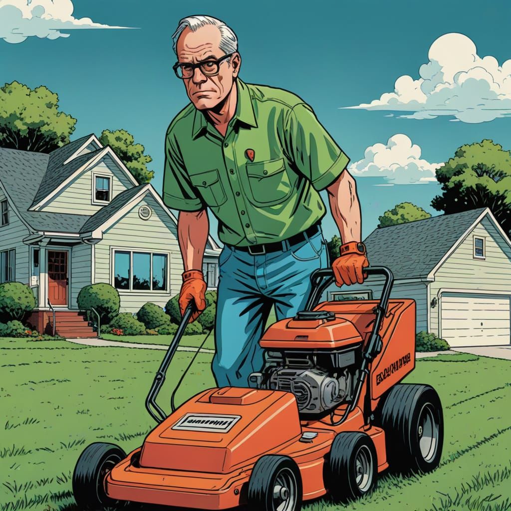 Middle-Aged Man Mows Lawn in a Quirky, 80s-Inspired Cartoon