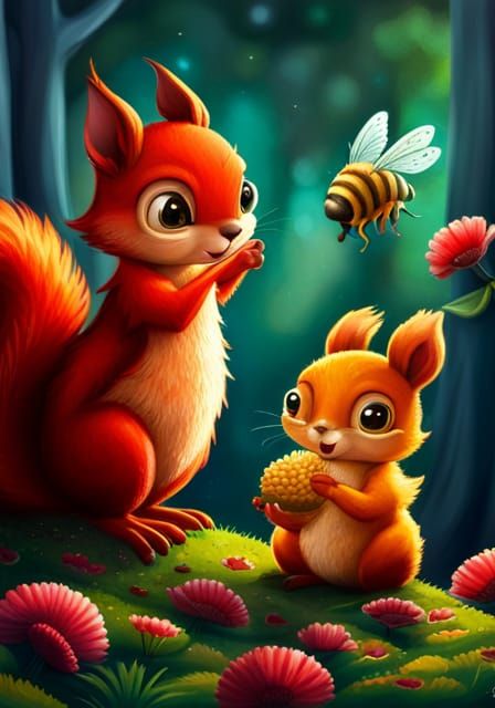 Whimsical Squirrels Play with Bees in Pointillist Forest