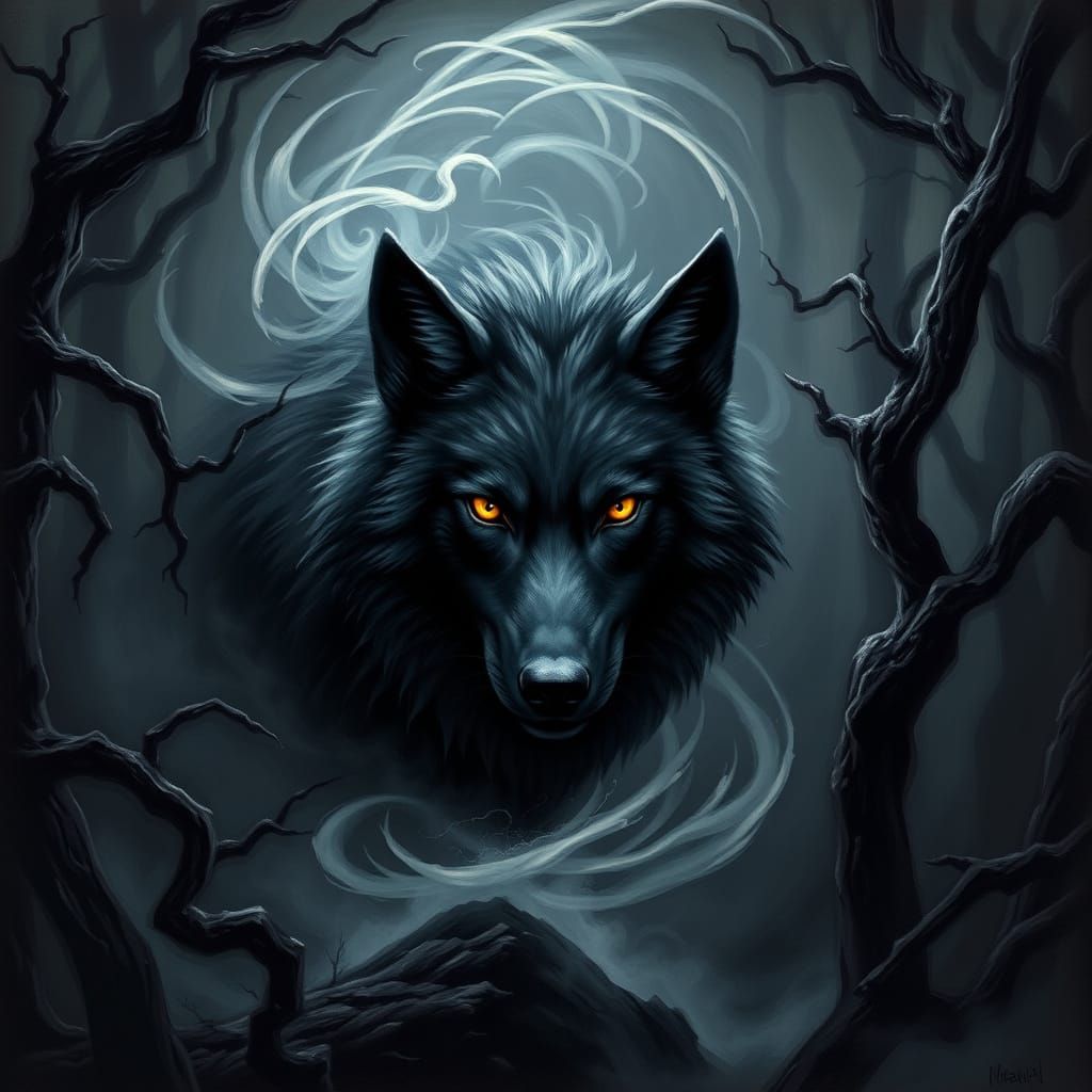 Mysterious Black Wolf in Dark Forest