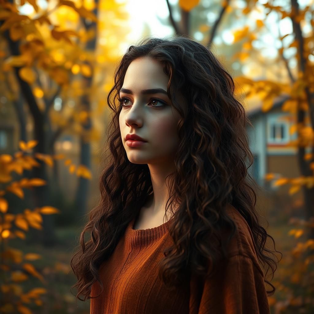 Woman in Autumn Forest with Dramatic Lighting