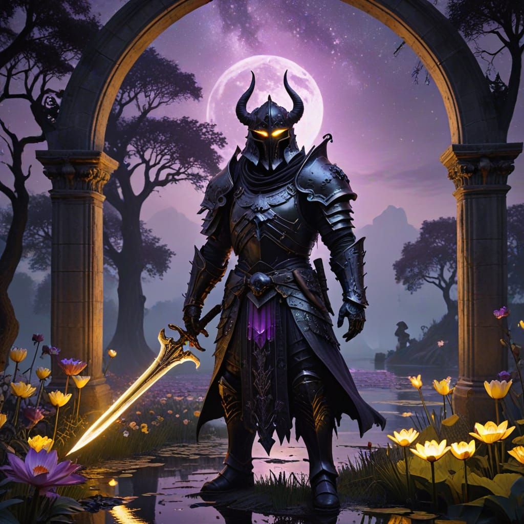 A demonic knight with a 15th-century houndskull helmet stands silhouetted against a bright starry night, a purple glowin...