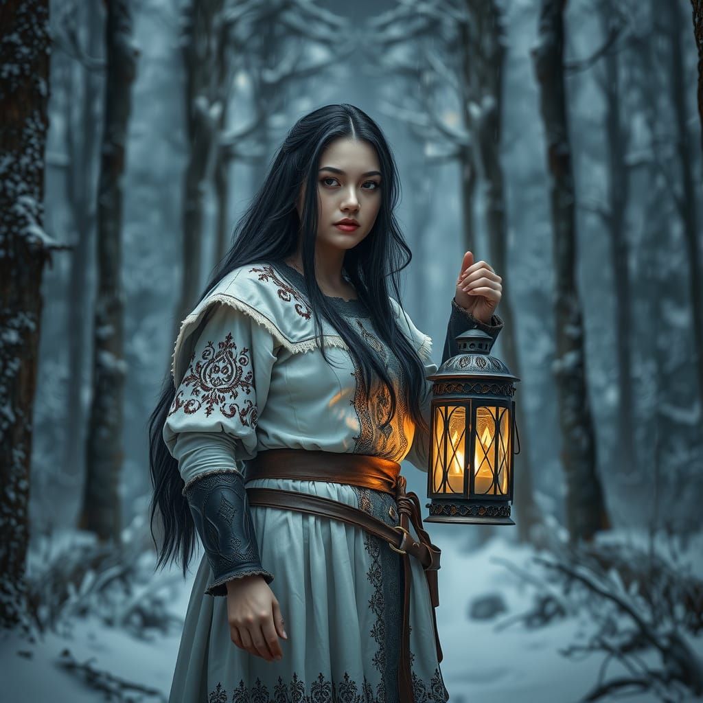 Woman Warrior with Lantern in Snowy Forest
