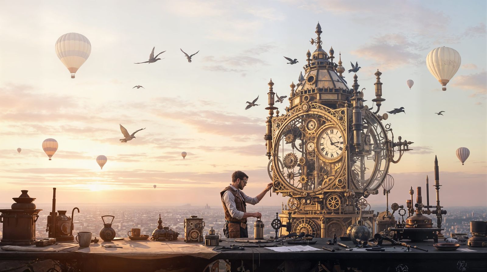 Steampunk Clockwork Aviary Guardian at Dawn