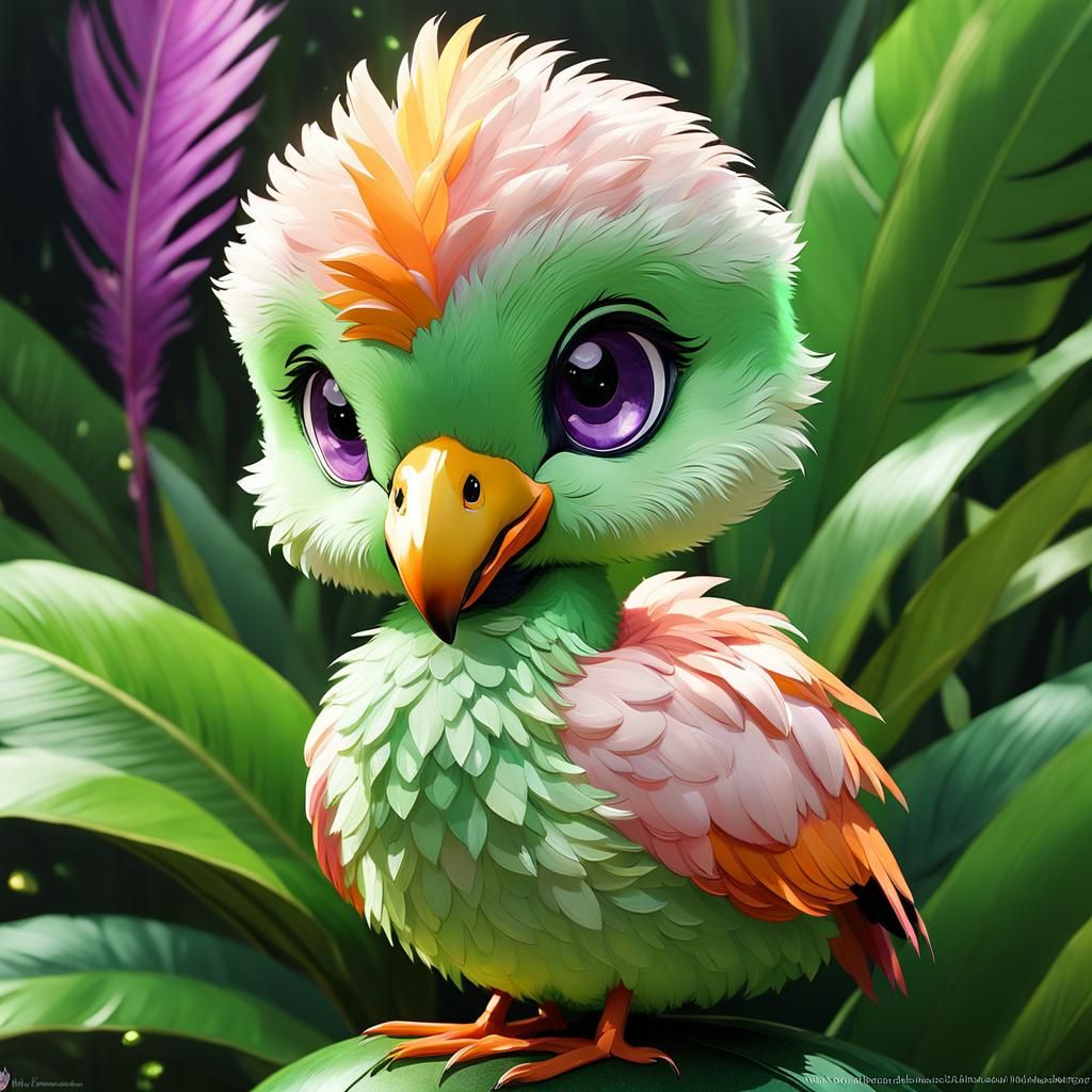 Chibi Flamingo Mango Oasis: Detailed Digital Art