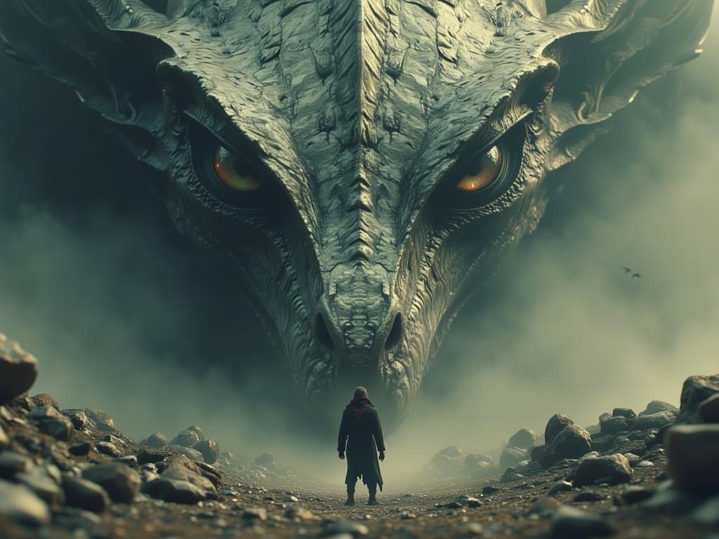 Massive Dragon Confronts Tiny Human in Cinematic Scene