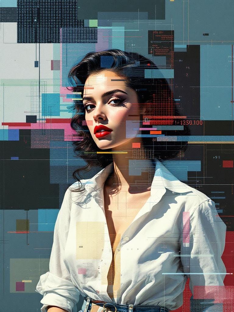 Glitch Art Pin-Up with Cubist Fractal Overlays