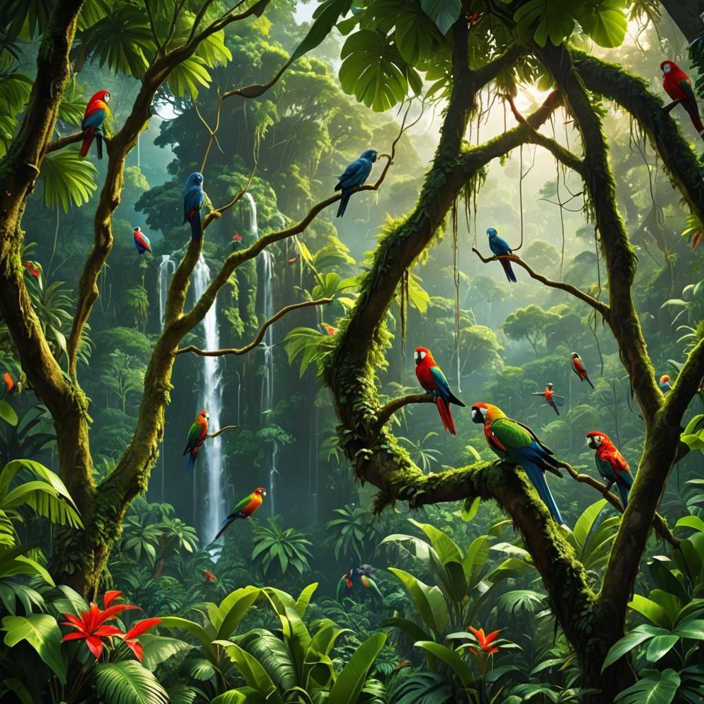 Lush Rainforest Scene with Parrots and Monkeys