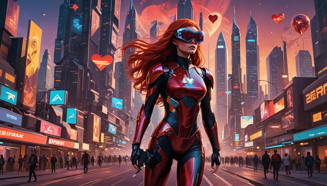 Retrofuturistic Girl with Red Hair in Cityscape