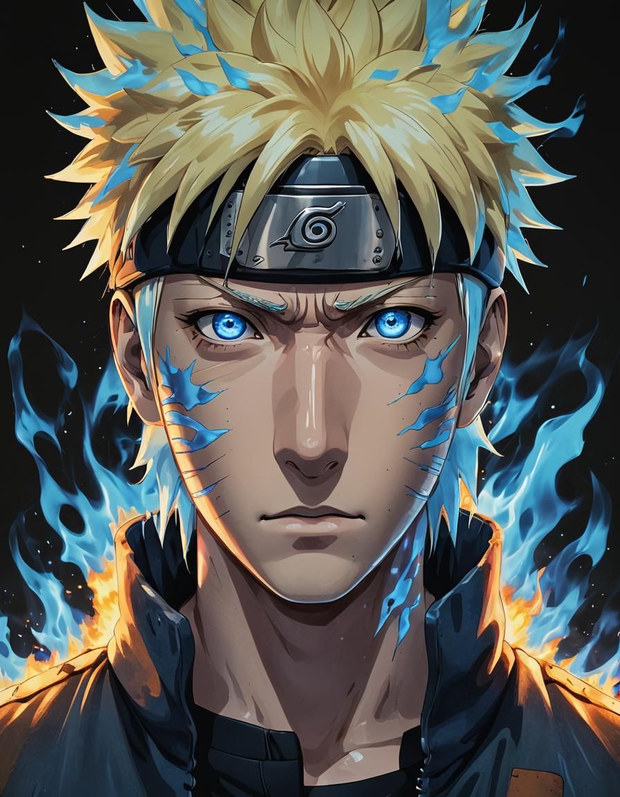Naruto with Blue Flame Eyes on Dark Background