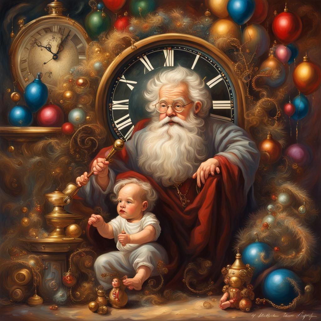 Father Time and Baby New Year in Vibrant Colors