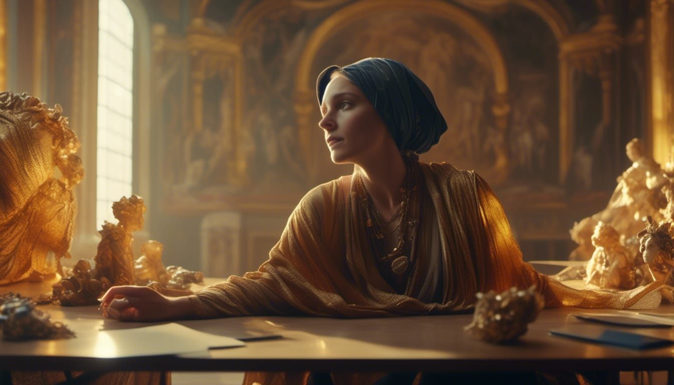 Woman in Greek Chiton at Desk in Soft Light