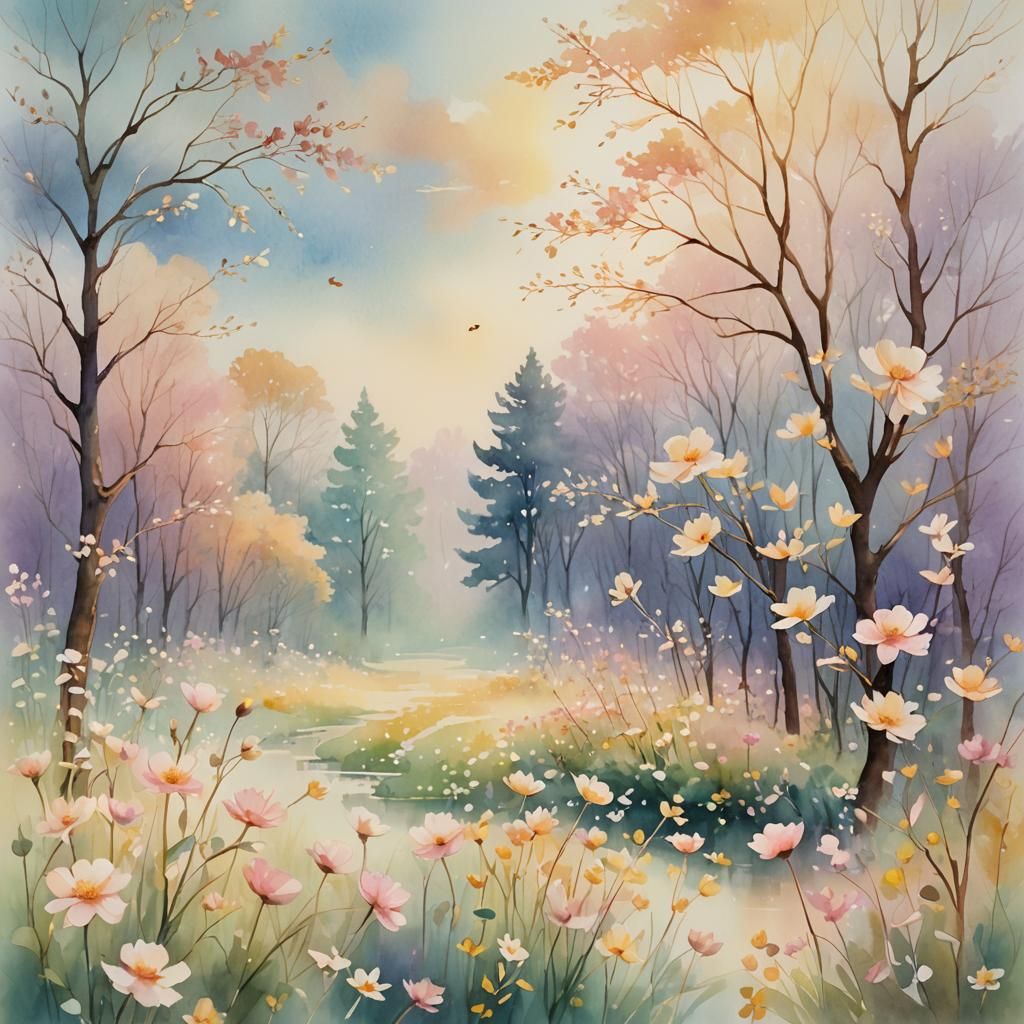 Pastel Flowers Bloom in Dreamy Watercolor Landscape