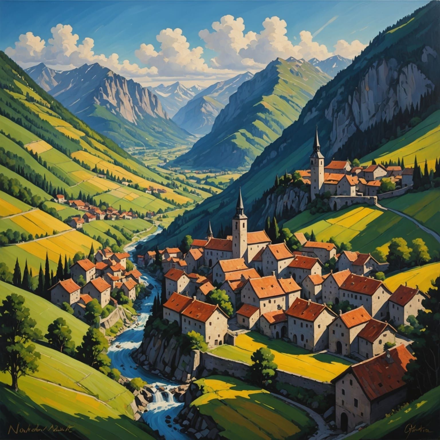 Colorful Medieval City in Mountain Valley: Cartoon Oil Paint...