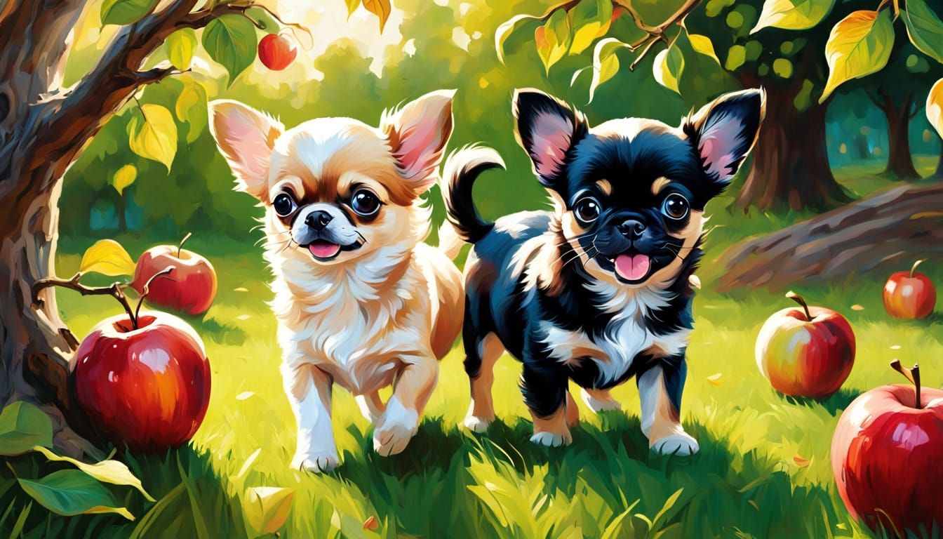 Adorable Puppies Play in Golden Hour Apple Orchard Oil Paint...