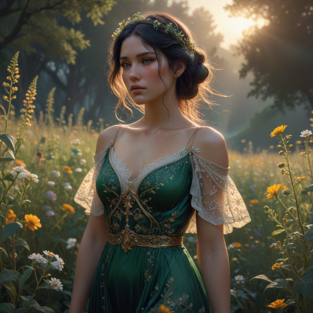 Woman in Wildflower Field at Dawn, Hyper-Realistic Art