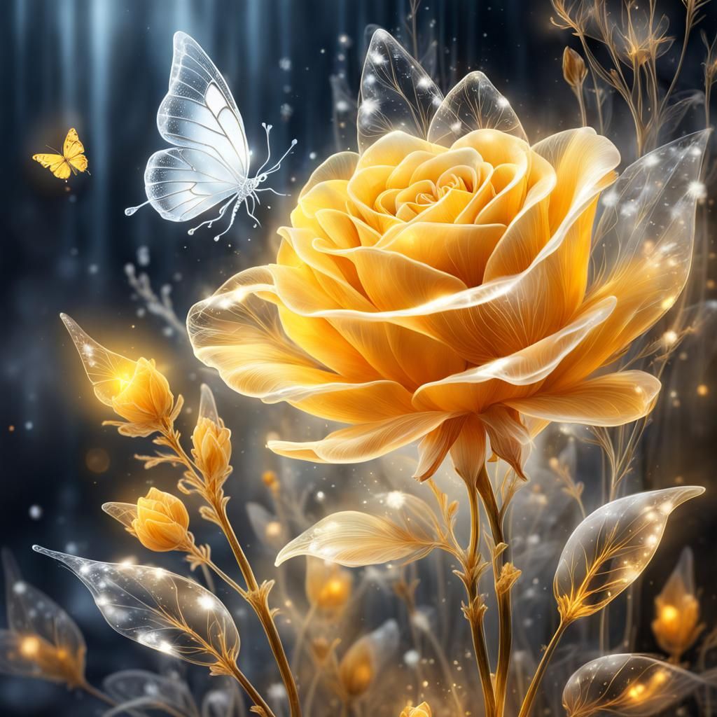 Crystalline Yellow Glass Rose with Butterflies